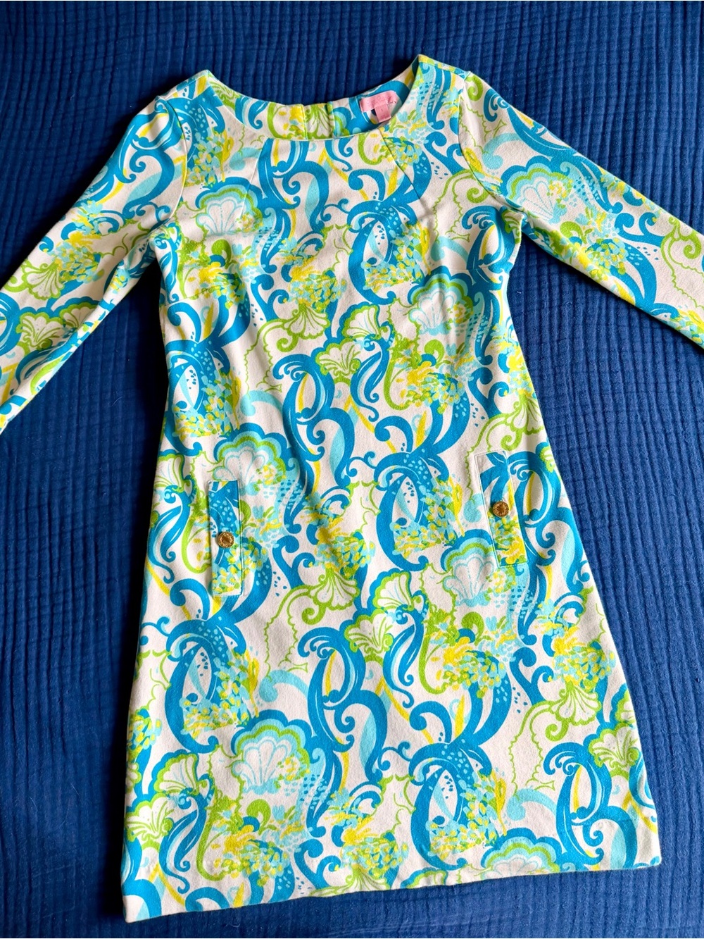 Lilly Pulitzer Blue, Green & White 3/4-Sleeve Printed Shift Dress